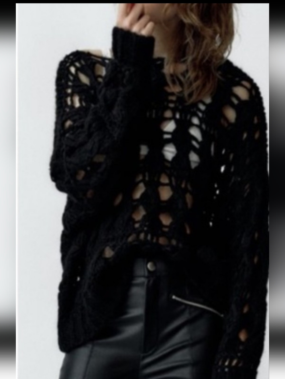 Zara Black Distressed Open-Weave Alpaca & Wool Sweater Small